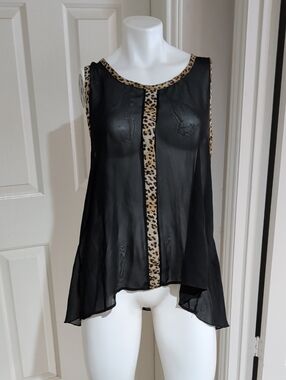 Ime Black Sheer Camisole Tunic With Leopard-Print Trim Women's XL